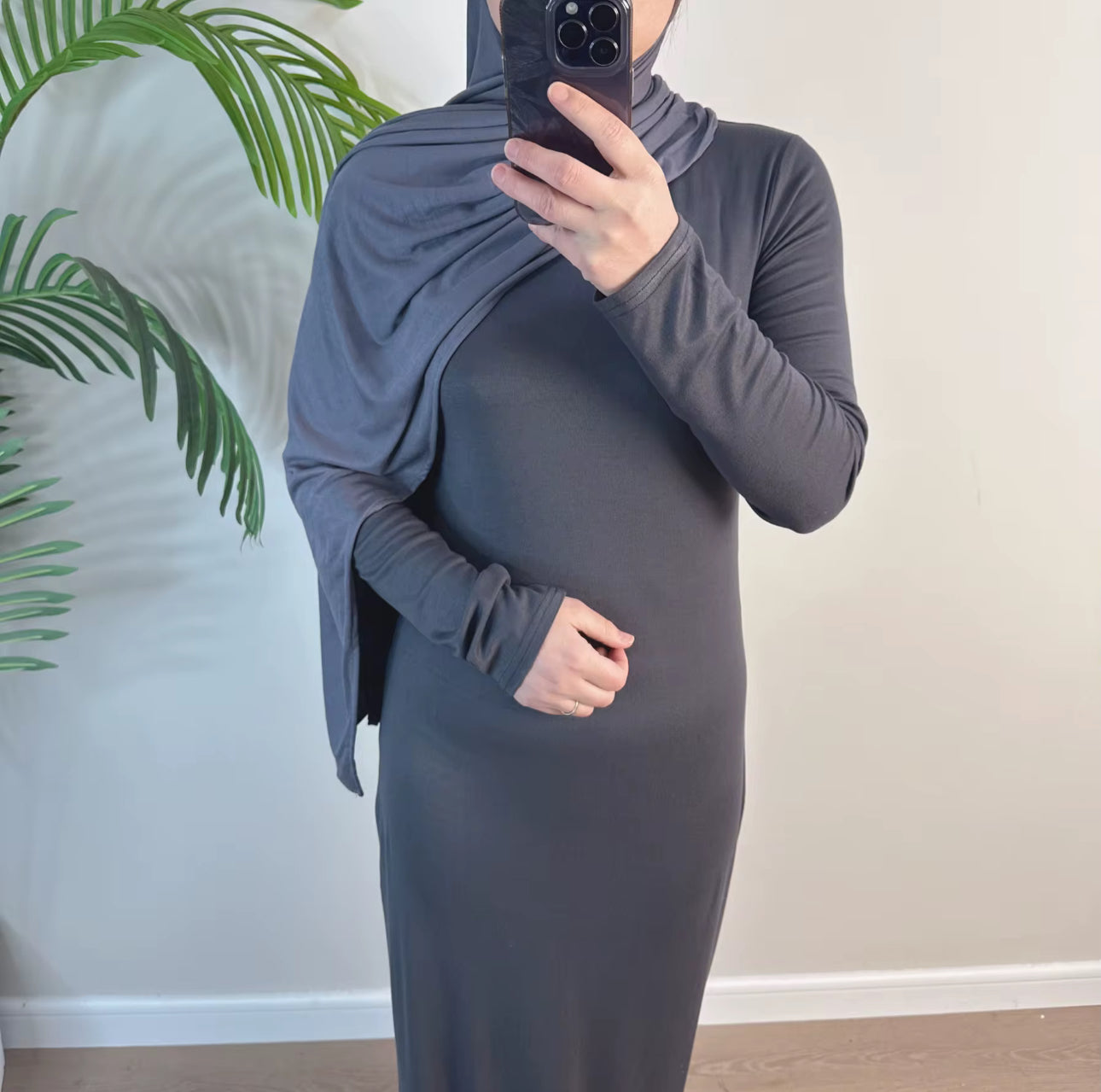 Long Sleeve Slip Dress - Dark Grey